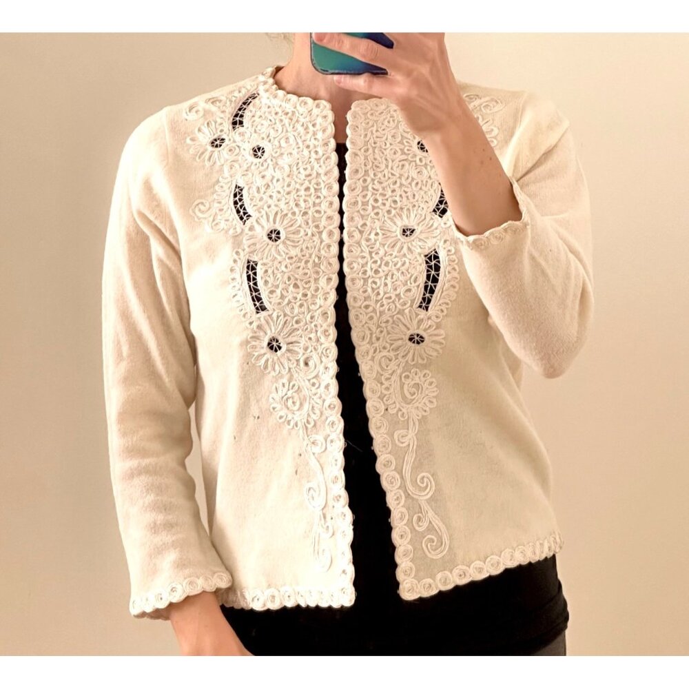 Vintage 1950s Wool Cream Cardigan Zombie Halloween Haunted Spooky Prom Date